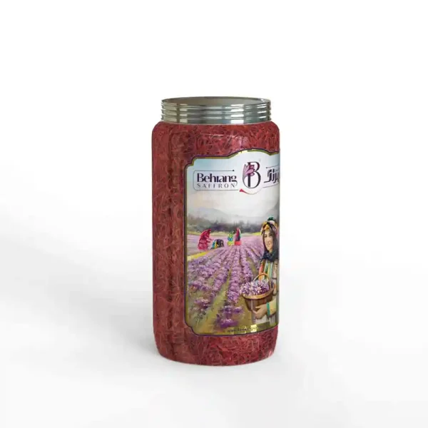 200 gram saffron of handpicked flowers in pet jar packaging whit Behrang label on it